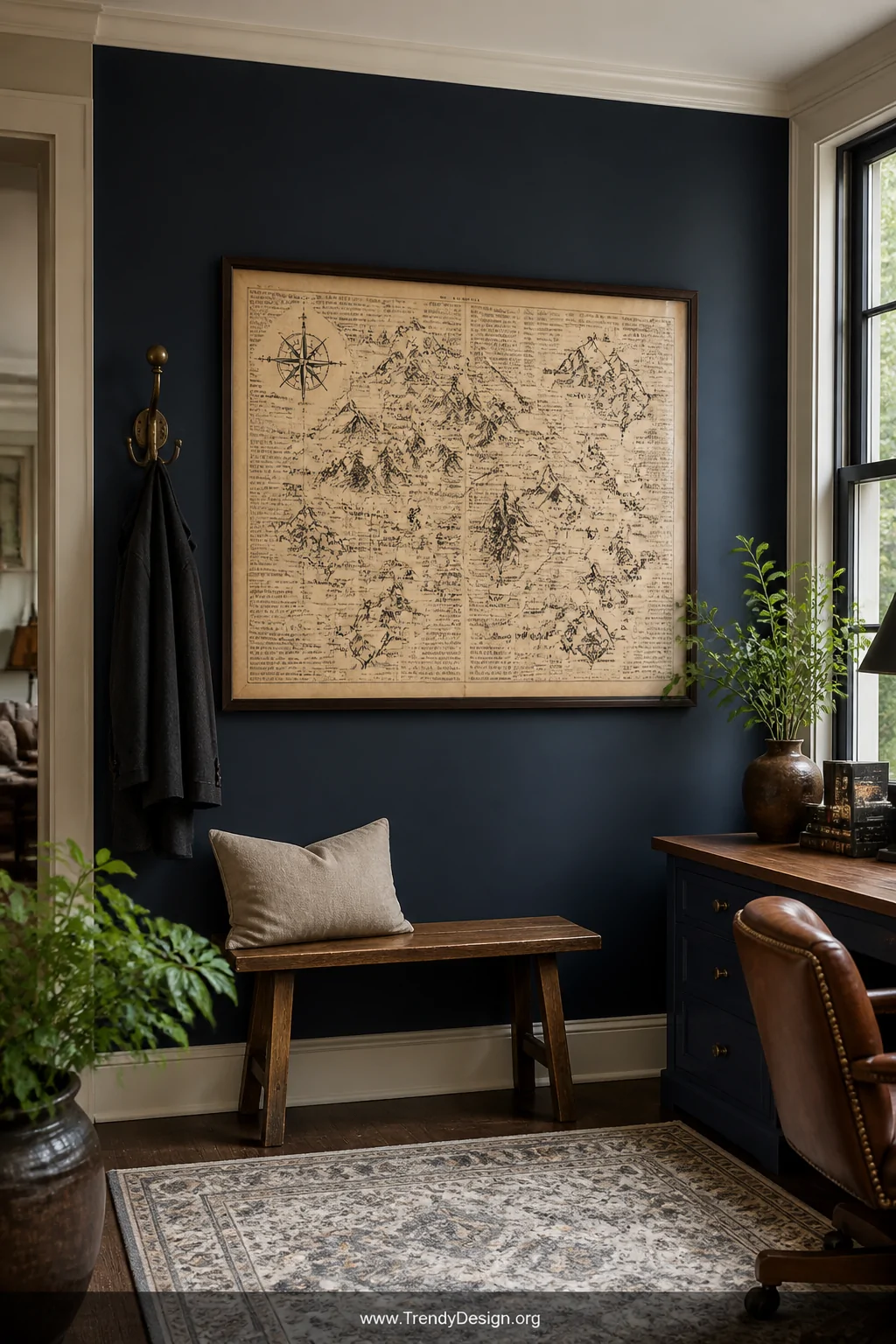 A wide shot of a home office or entryway featuring a large framed hand-illustrated imaginary map drawn in fine ink over coffe