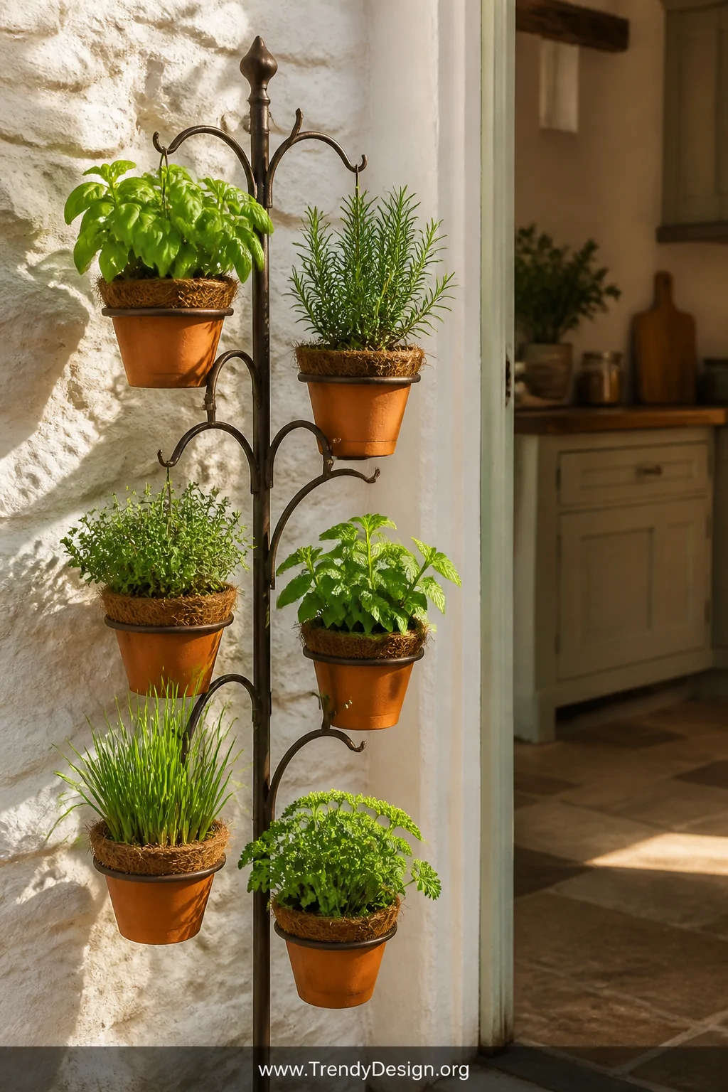A medium closeup shot of a multi-arm shepherds hook positioned beside a cottage kitchen doorway, holding six small terracotta
