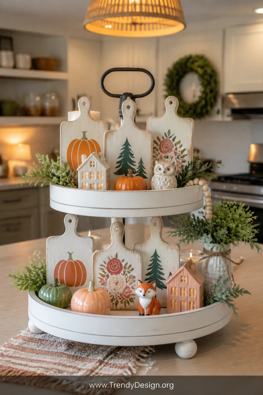 A wide shot of a styled white tiered tray on a farmhouse kitchen counter, layered with multiple small wooden cutting boards f