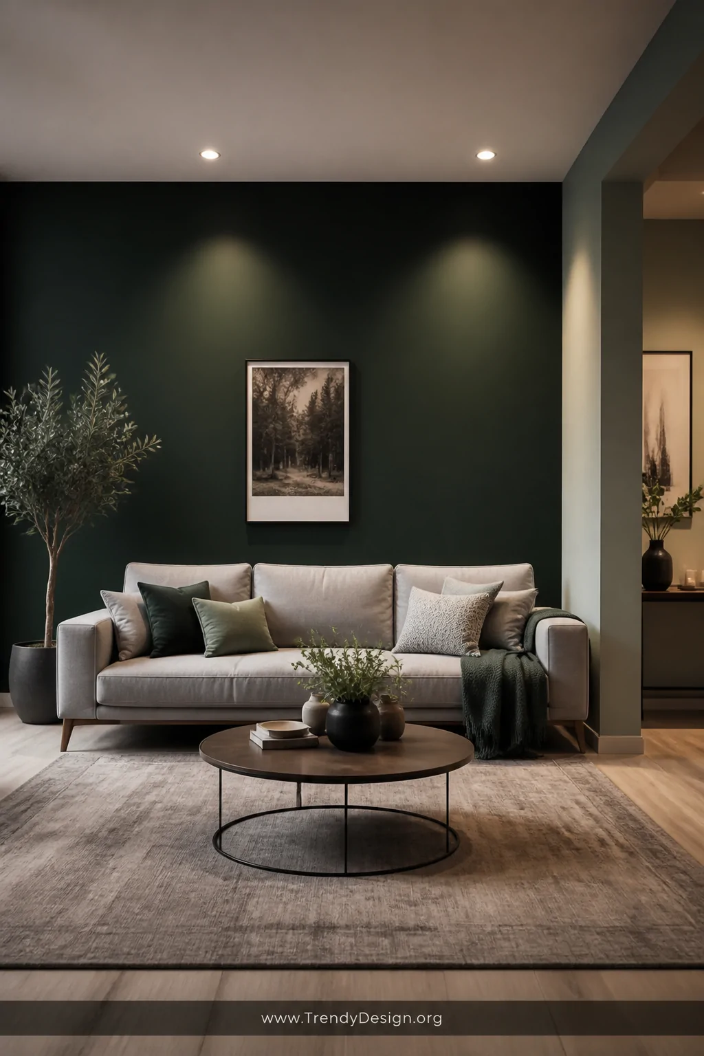Wide shot of a stylish living room with a single deep bottle green matte accent wall behind a light grey sofa, the contrast c