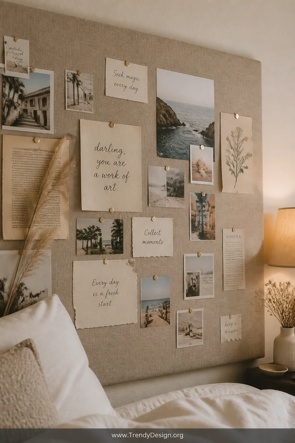 Close-up detail shot of a large cork board wrapped tightly in a soft oatmeal linen fabric serving as a bedroom vision board, 