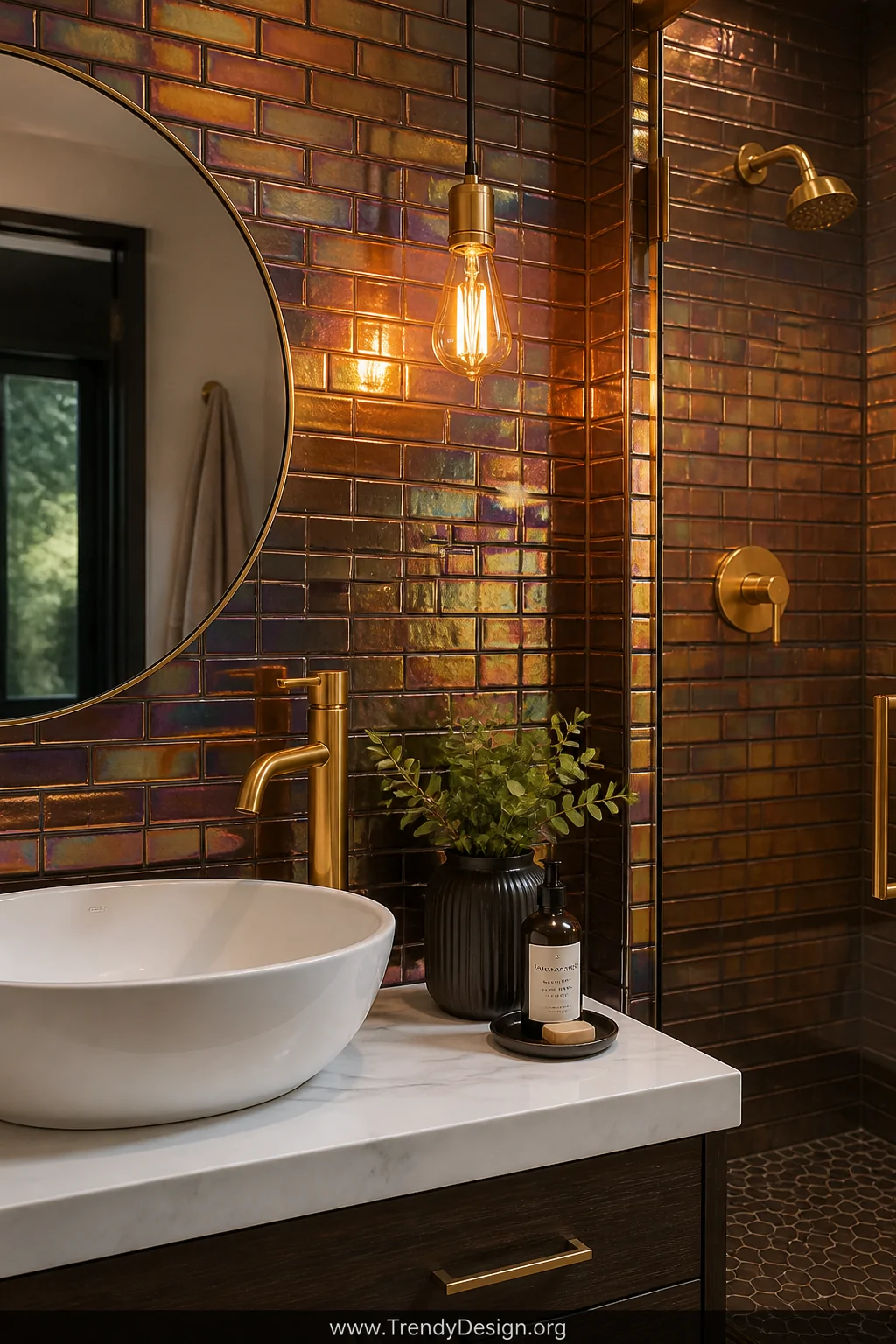 Medium shot of a sleek modern bathroom vanity backsplash and partial shower surround covered in peel-and-stick color-shifting