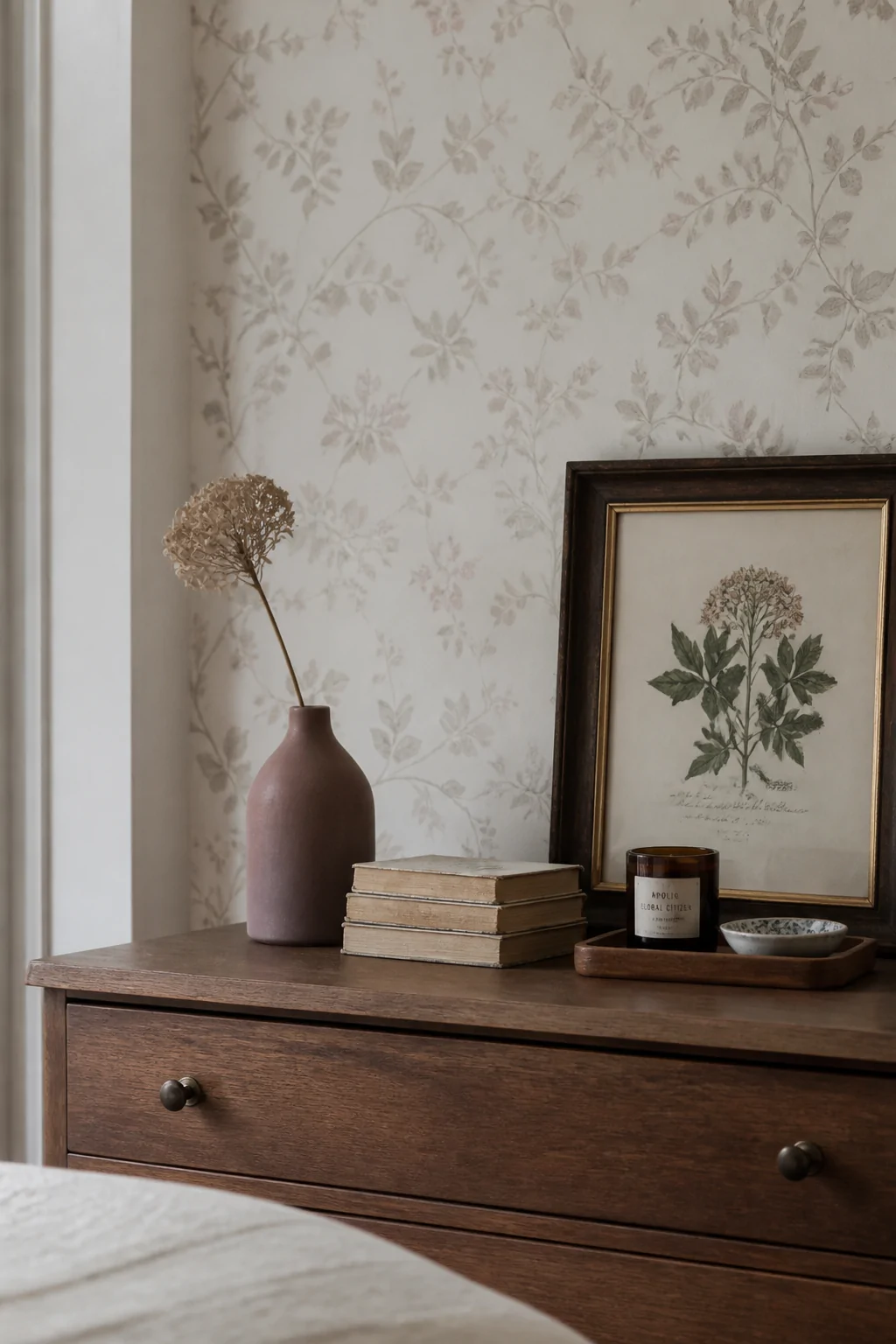 Medium shot of a styled bedroom dresser surface edited to near-minimalism   a single ceramic vase in muted dusty mauve holdin