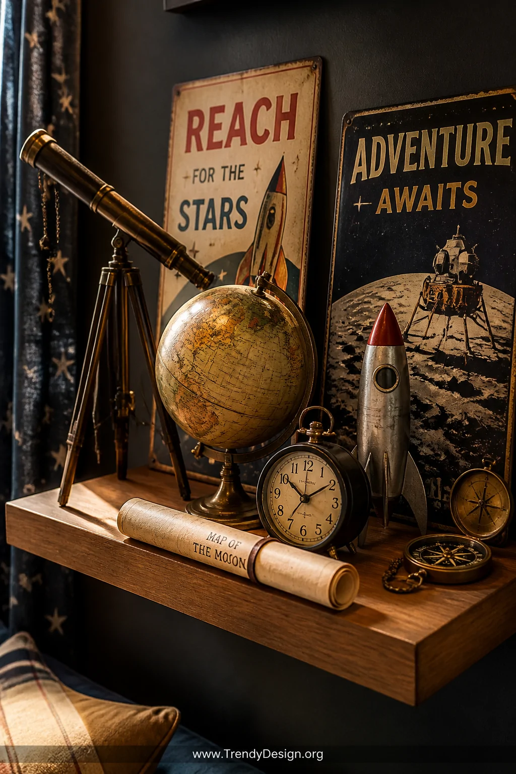 Close-up detail shot of a floating shelf in a boys bedroom styled with an antique brass telescope, a worn vintage globe, a sm