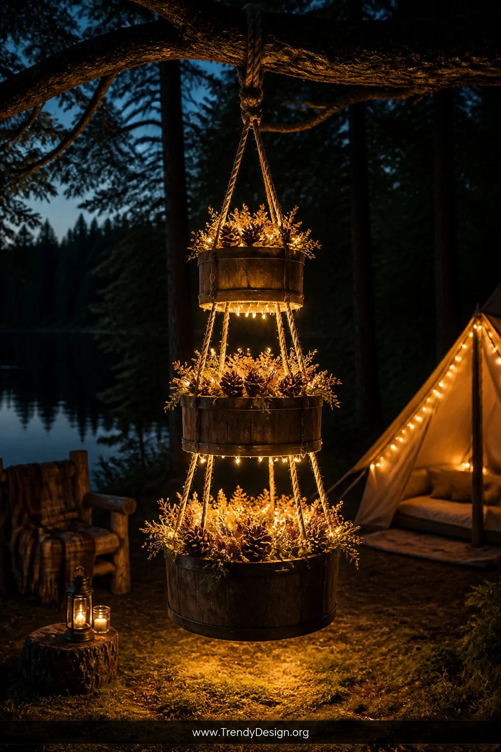 A wide magical campsite night scene featuring a hanging tiered chandelier made of three graduated-size buckets stacked upside