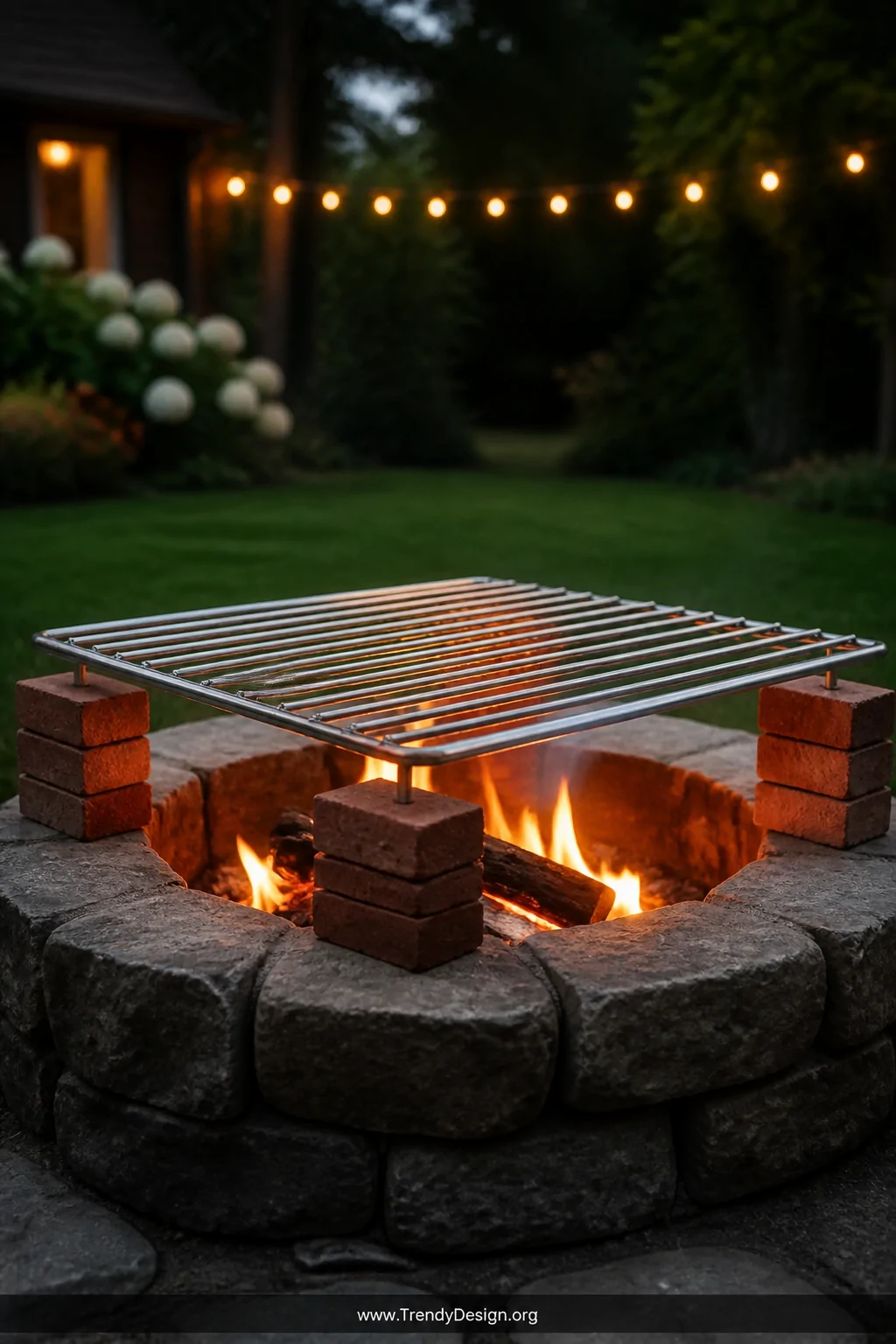 A wide outdoor backyard shot of a stainless steel oven rack repurposed as a grill grate, elevated above a circular stone fire