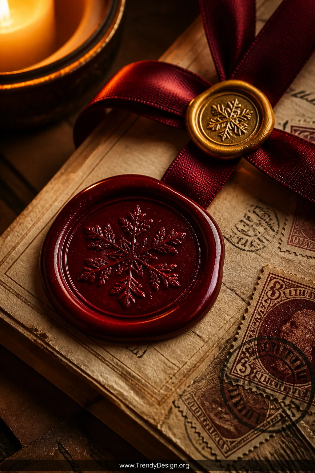Extreme closeup beauty shot of a deep crimson wax seal stamped with a snowflake motif pressed onto a journal page corner, a s
