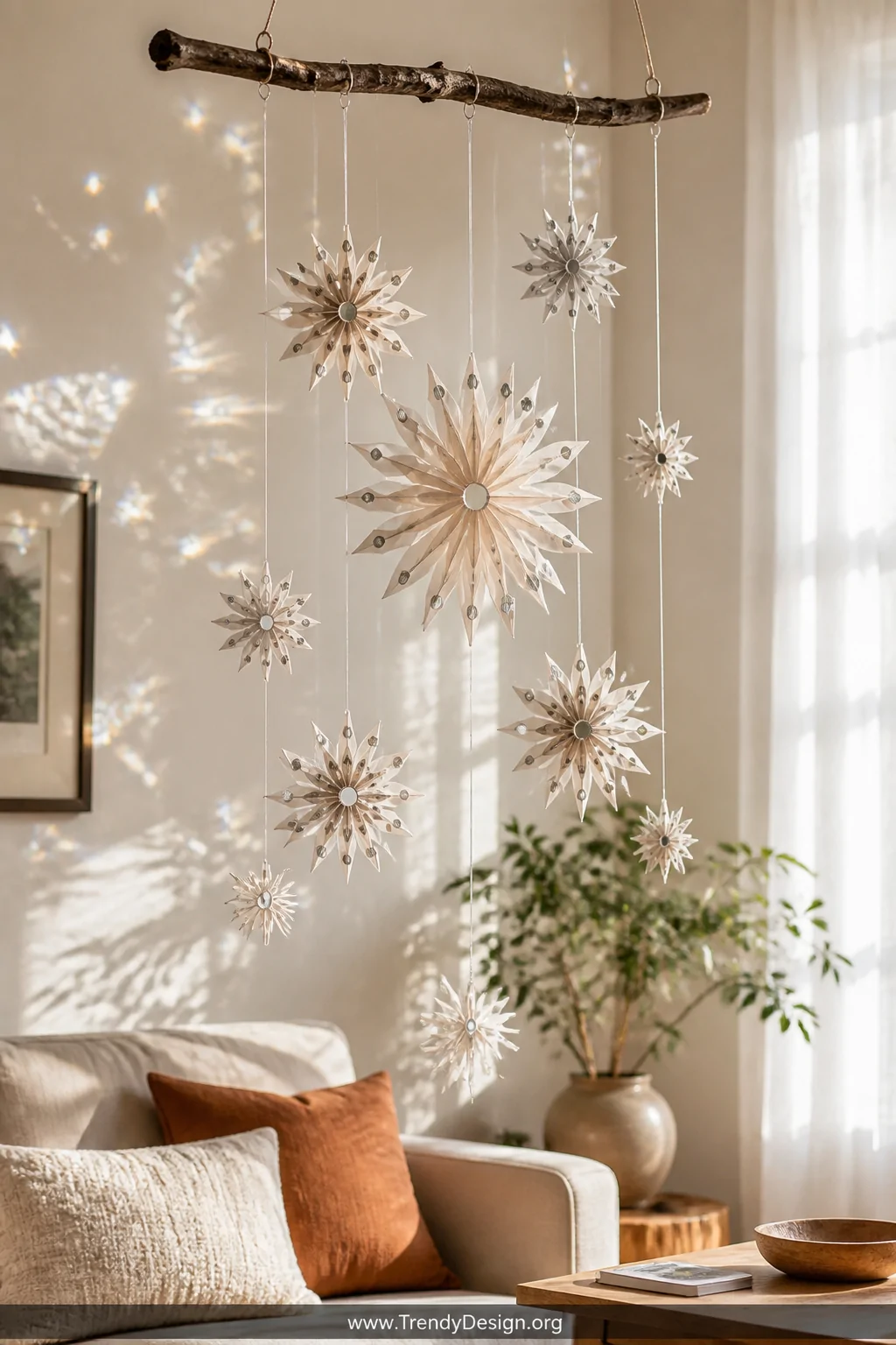 Medium shot of a airy living room corner where a handcrafted paper fireworks mobile hangs from a rustic wooden branch, featur