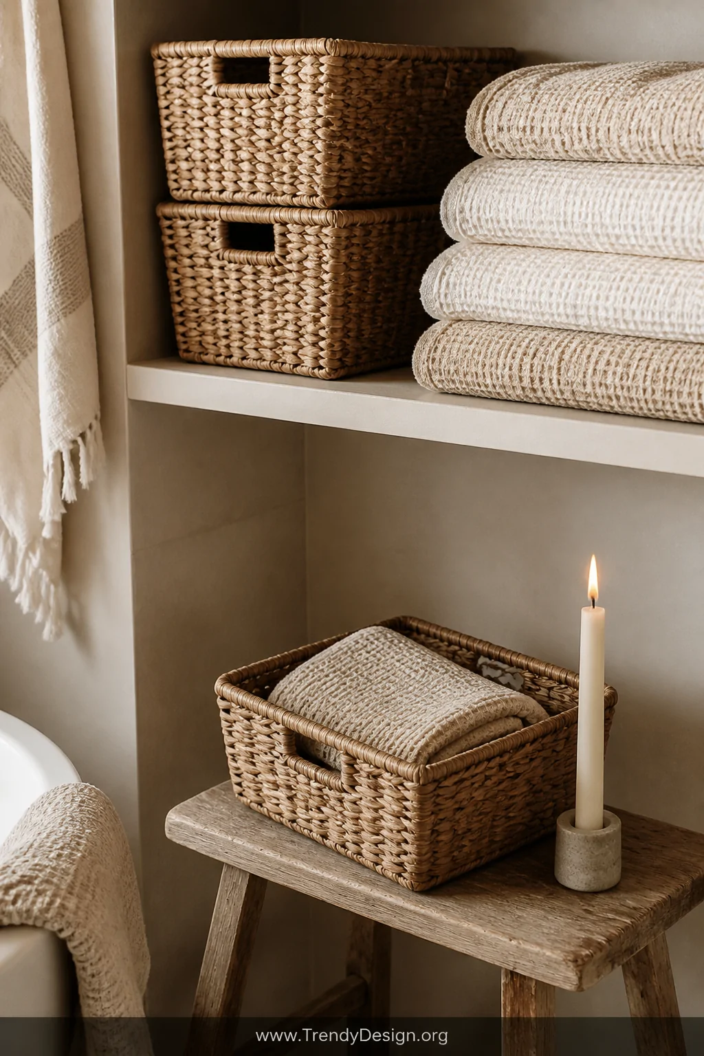Close-up detail shot of a bathroom shelf corner styled with stacked woven seagrass baskets in natural tan tones, neatly folde
