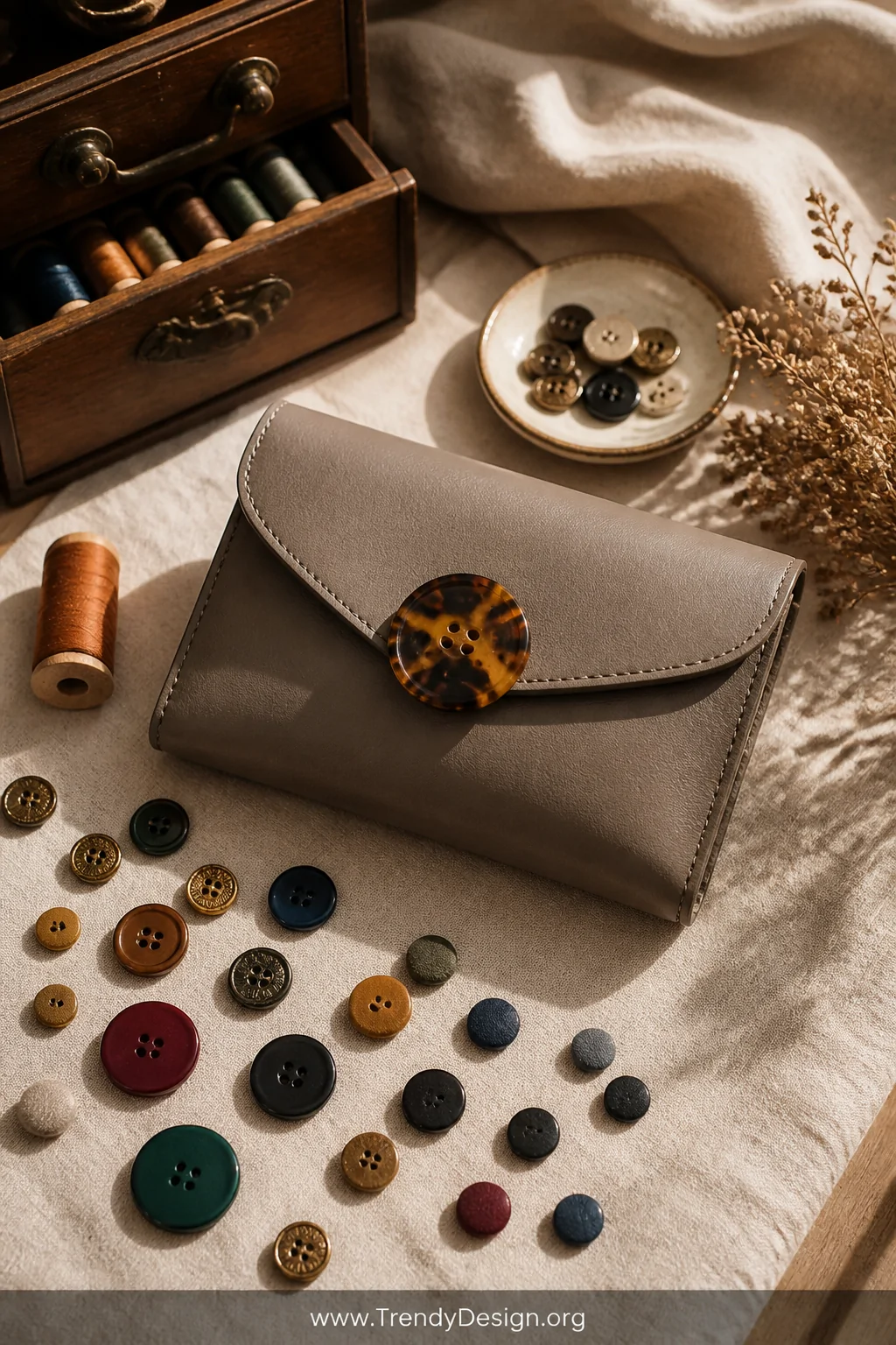 A medium styled flat-lay on a cream linen tablecloth featuring an elegantly arranged envelope-flap purse showcasing a bold to