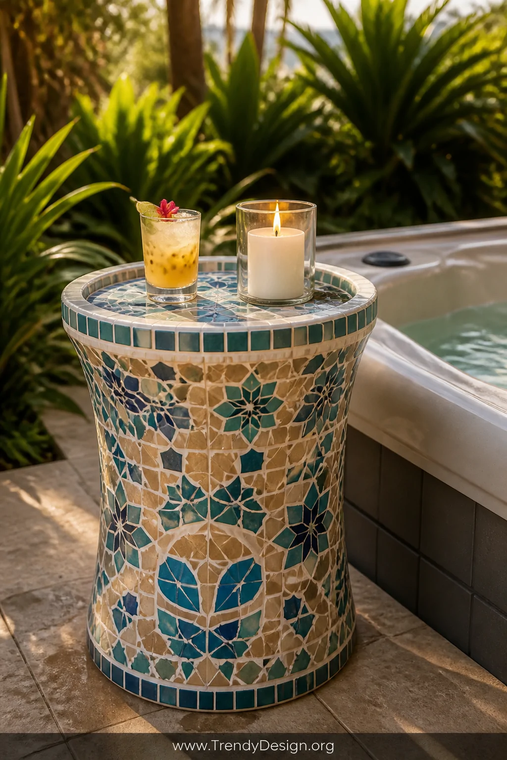 A medium photorealistic shot of a mosaic tile accent table beside a hot tub, a concrete base covered in a vivid geometric pat