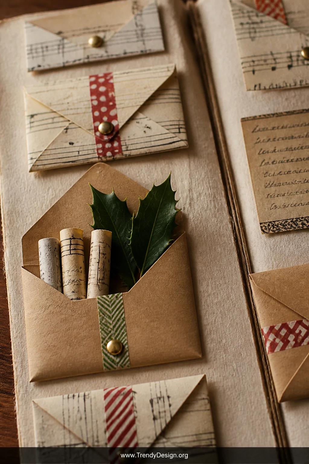Close-up detail shot of a rustic journal page covered in miniature handmade envelopes folded from sheet music and kraft paper