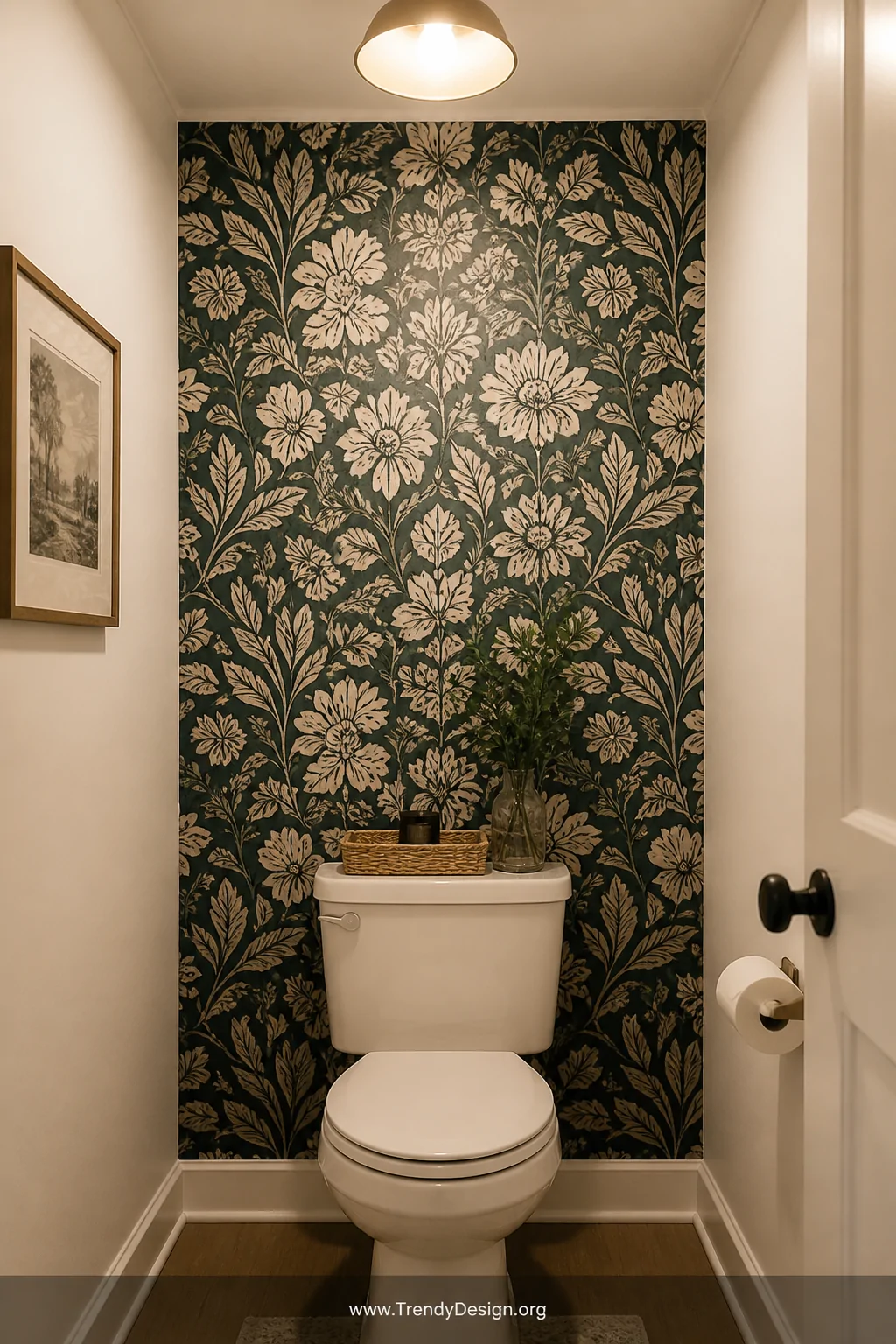 A medium wide shot of a small bathroom accent wall behind a toilet covered in bold deep-green and cream vintage botanical pee