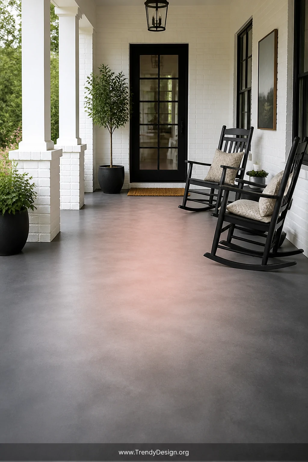 Medium shot of a concrete porch floor showcasing a smooth ombre gradient blending from deep charcoal at the outer edges throu