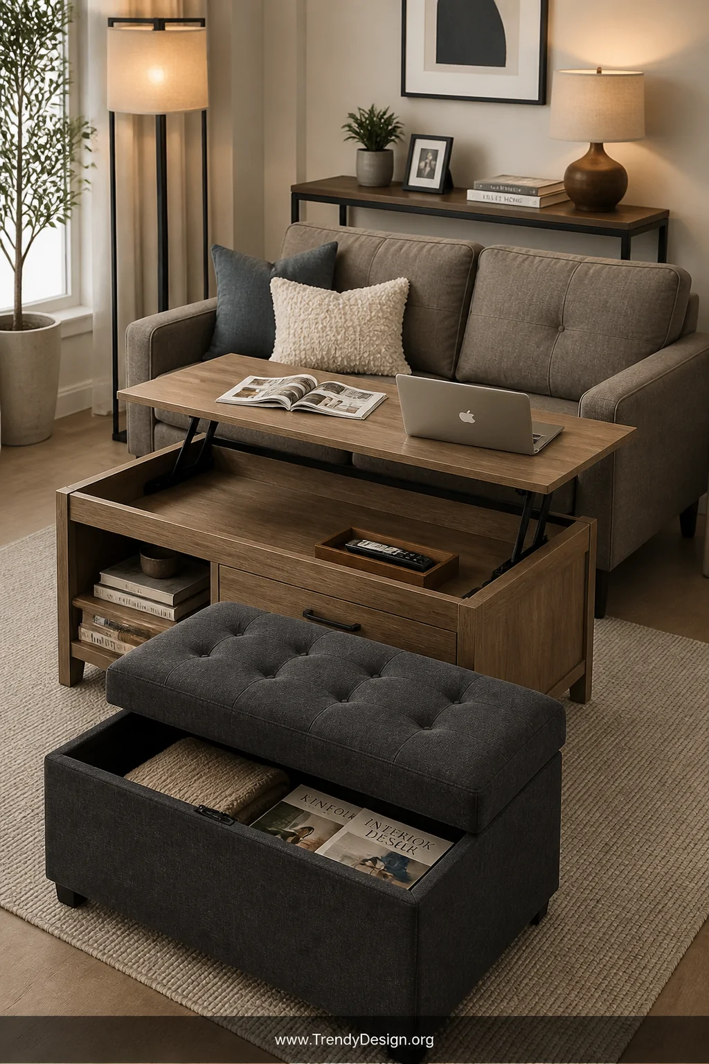 Medium shot of a compact lounge corner featuring a sleek lift-top coffee table in natural wood, a tufted storage ottoman in c