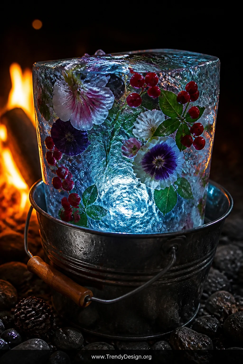 A stunning close-up detail shot of a large ice block inside a bucket with flowers, red berries, and green leaves frozen at di