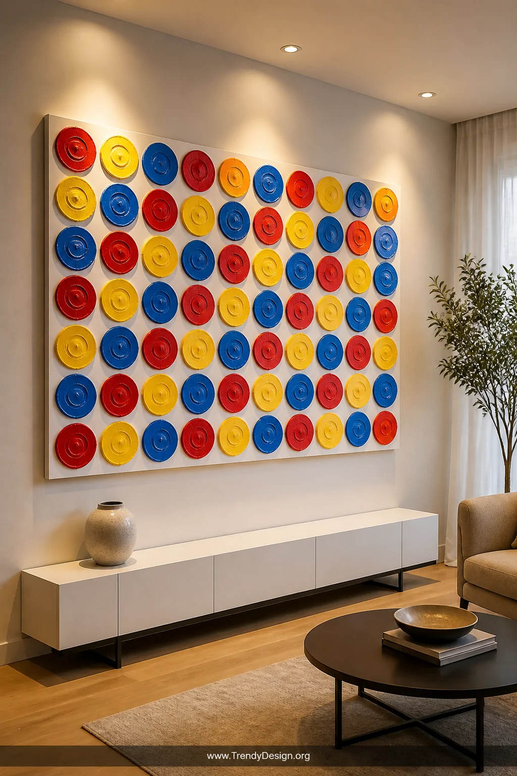 A wide shot of a modern living room gallery wall featuring a large canvas covered in a grid of circular painted stamps in bol