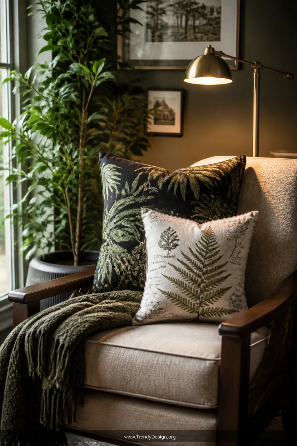 Medium shot of a cozy reading nook corner with a cushioned armchair dressed in botanical print pillow cases   one oversized d