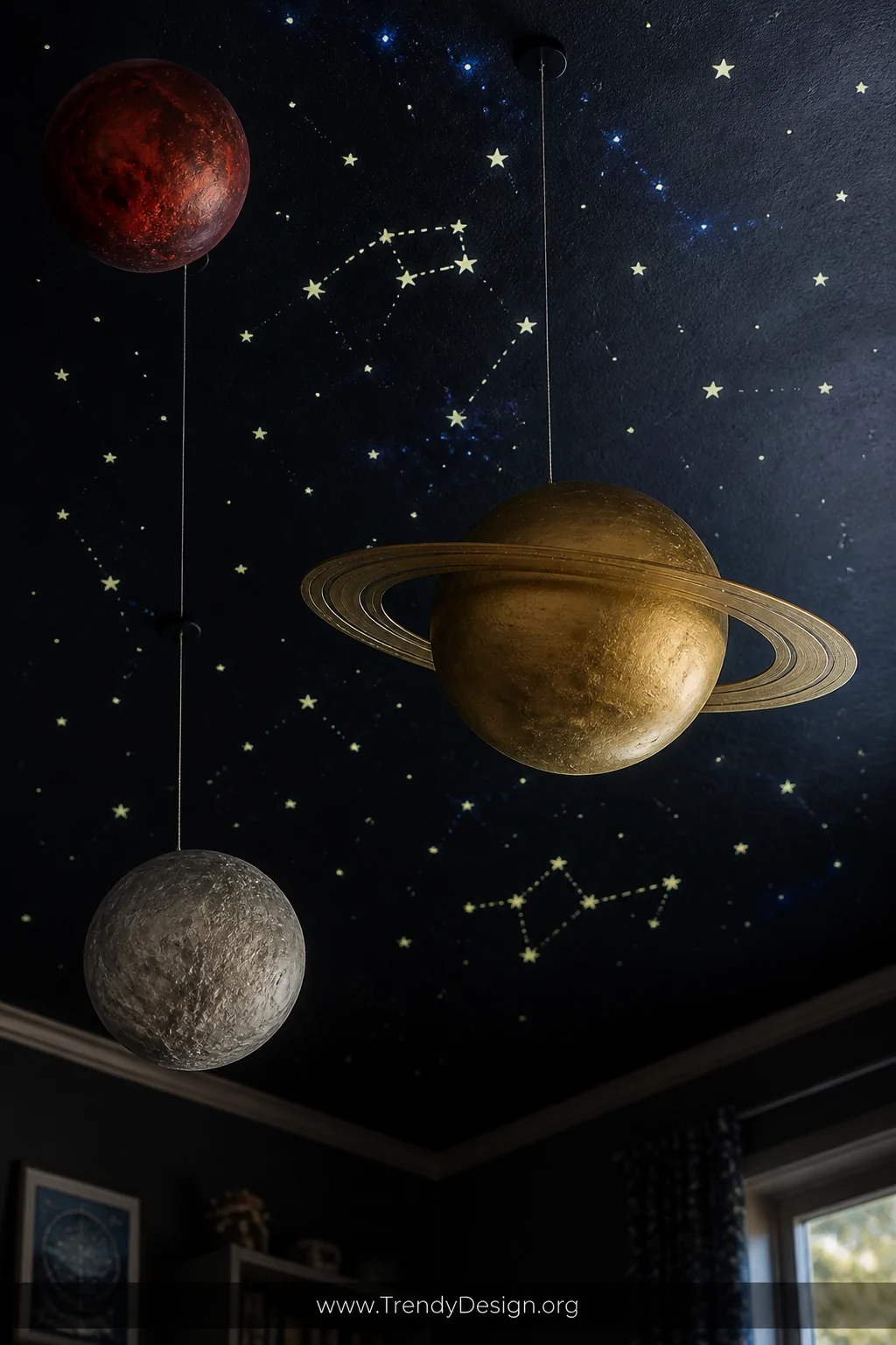 Dramatic upward-angle detail shot of a boys bedroom ceiling layered with paper mache planets hanging at varying heights on cl