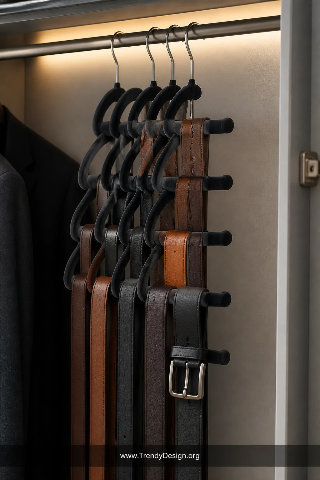 A medium shot inside a soft gray wardrobe showing a section of the clothing rod dedicated to slim charcoal velvet hangers, ea