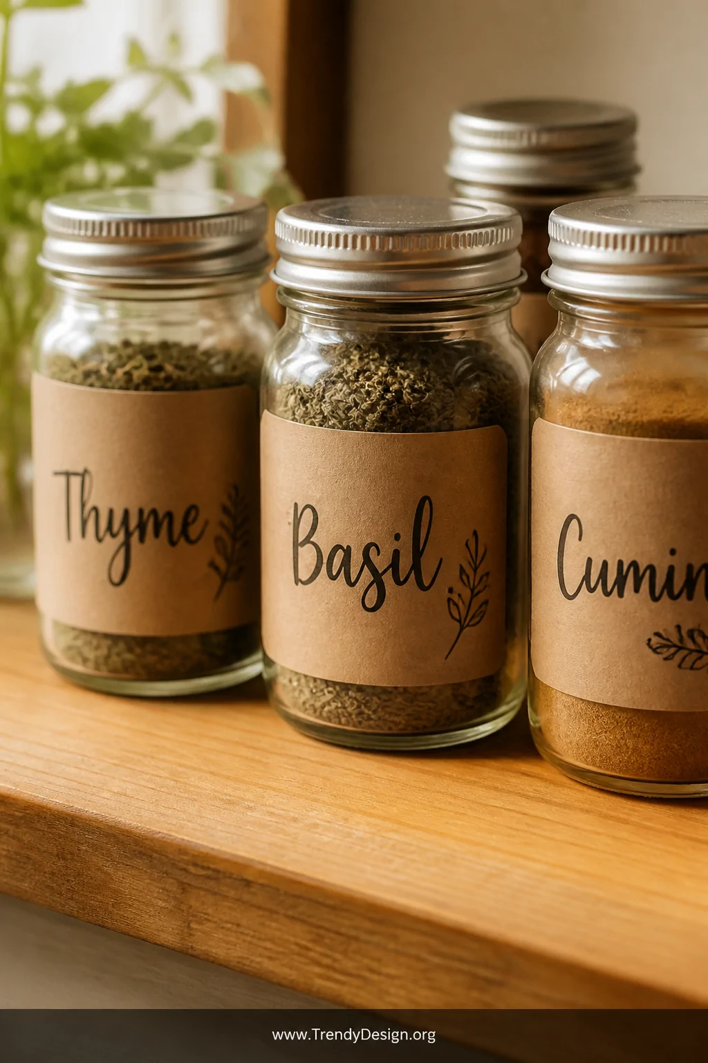 A closeup shot of several kraft-label glass spice jars resting on a warm pine wood surface, each label featuring charmingly i