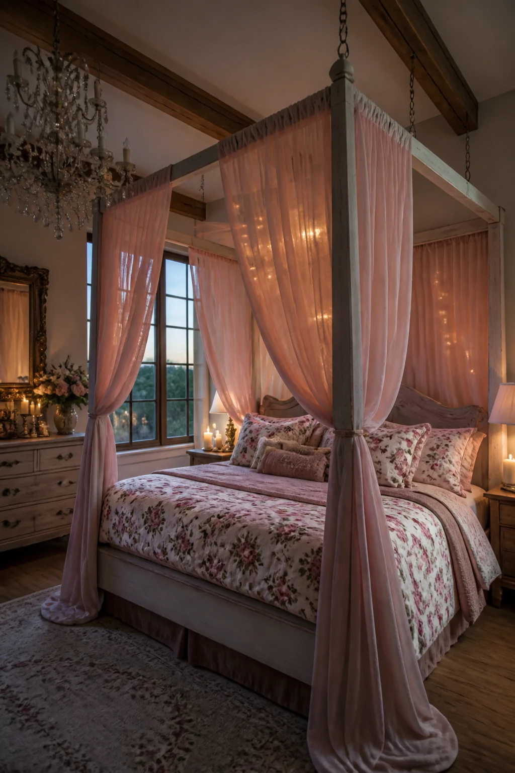 Wide atmospheric shot of a romantic bedroom featuring a whitewashed wooden four-poster bed frame draped with sheer soft blush