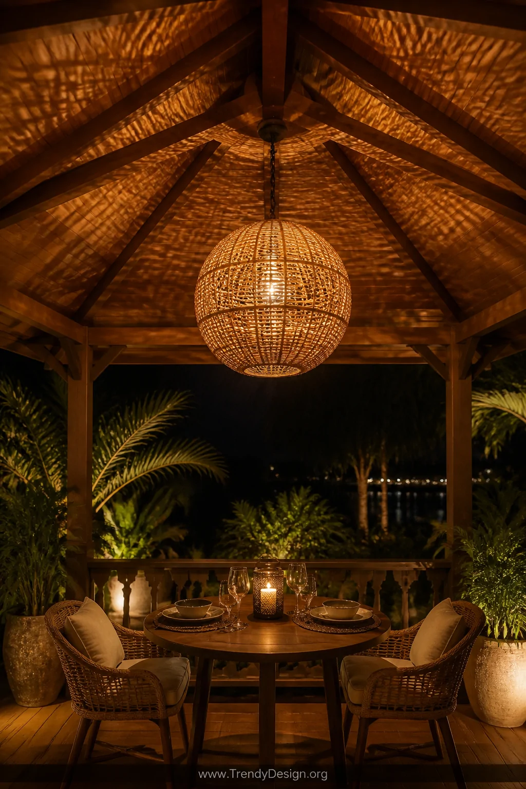 A medium shot of a rattan globe chandelier hanging from a gazebo's center beam over a round outdoor bistro table, the woven n