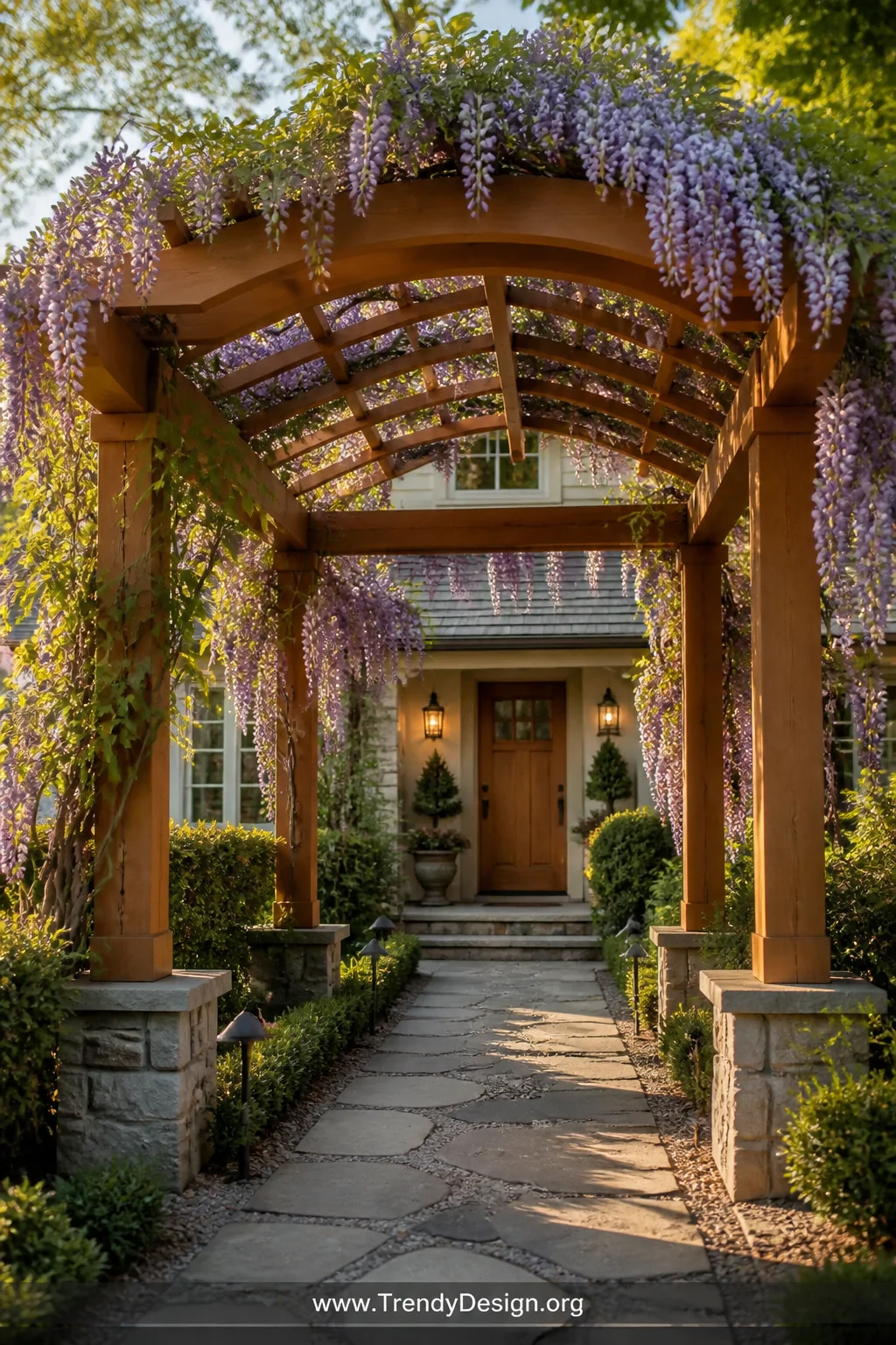 A wide exterior shot of a classic pergola-style walkway canopy built from warm cedar wood with open lattice roofing, sturdy p