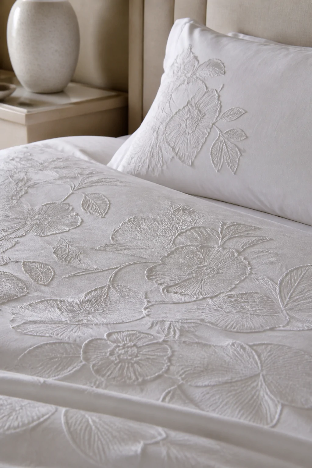 Close-up macro shot of a white-on-white embroidered duvet cover spread across a neatly made bed, delicate stitched floral blo