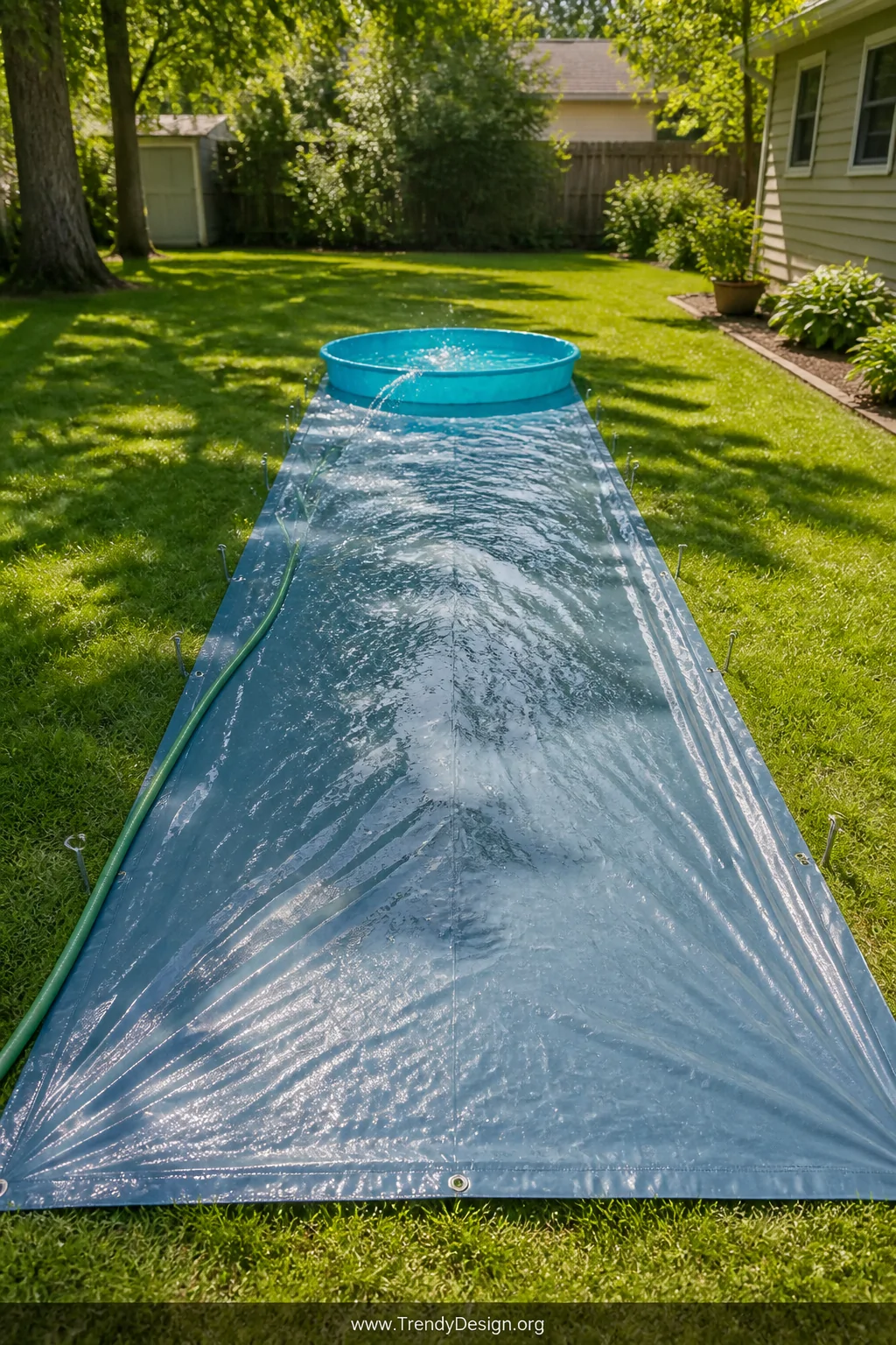 Wide-angle photorealistic backyard scene showing a long heavy-duty blue-grey plastic tarp stretched across bright green grass