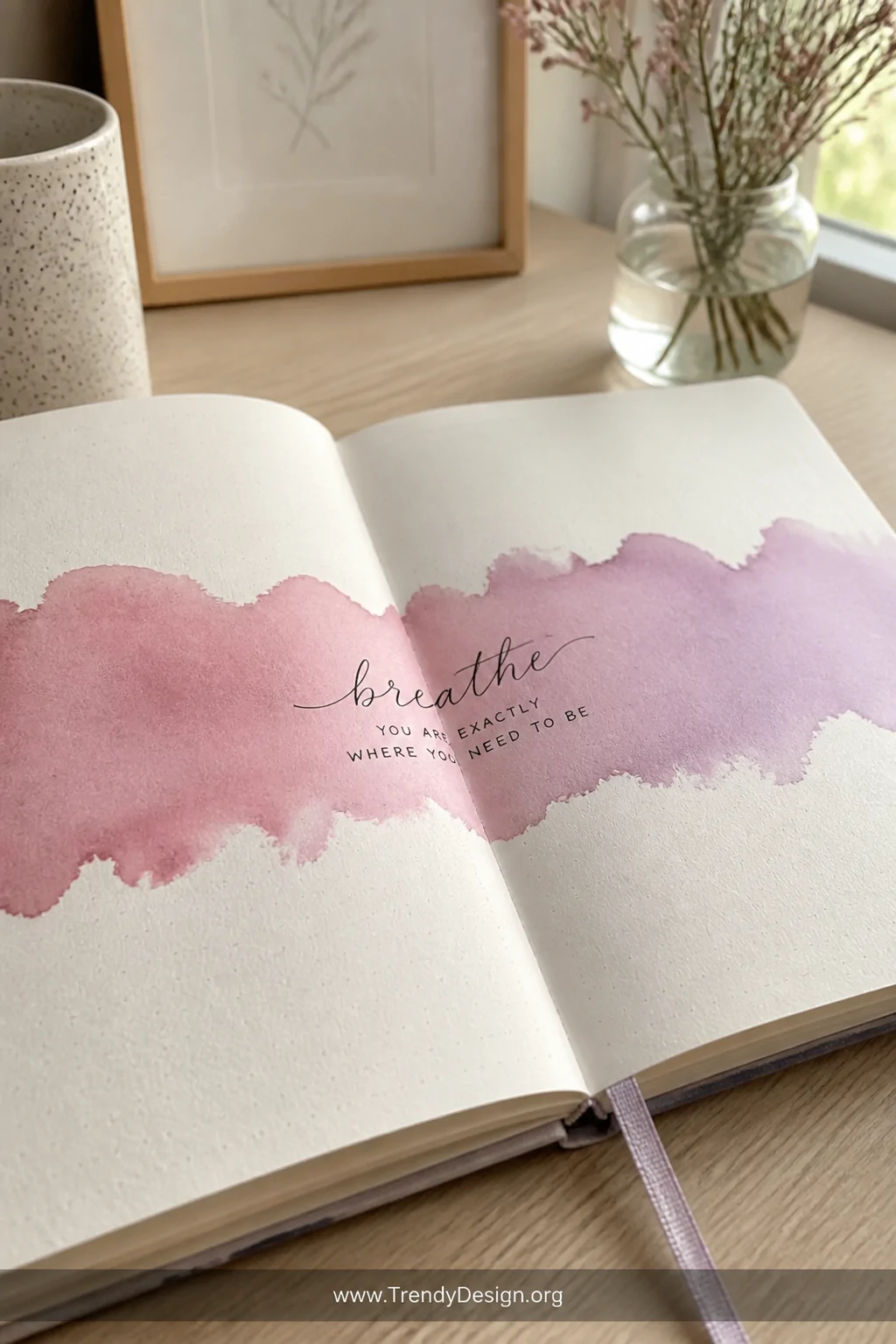 A closeup shot of an open bullet journal spread on a pale oak desk, showing a soft horizontal watercolor stripe bleeding from