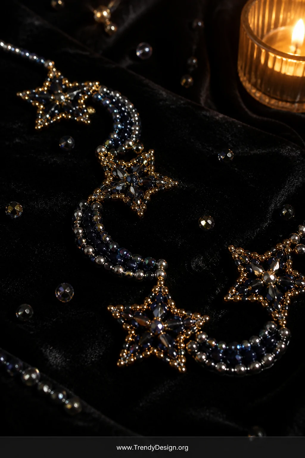A moody close-up detail shot on a deep black velvet surface showing a celestial pony bead necklace in navy, black, silver, an