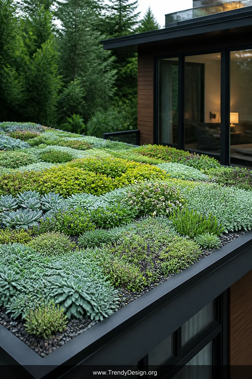 Wide-angle photorealistic shot of a lush flat porch living roof covered in dense mats of green and silvery-blue sedums and su