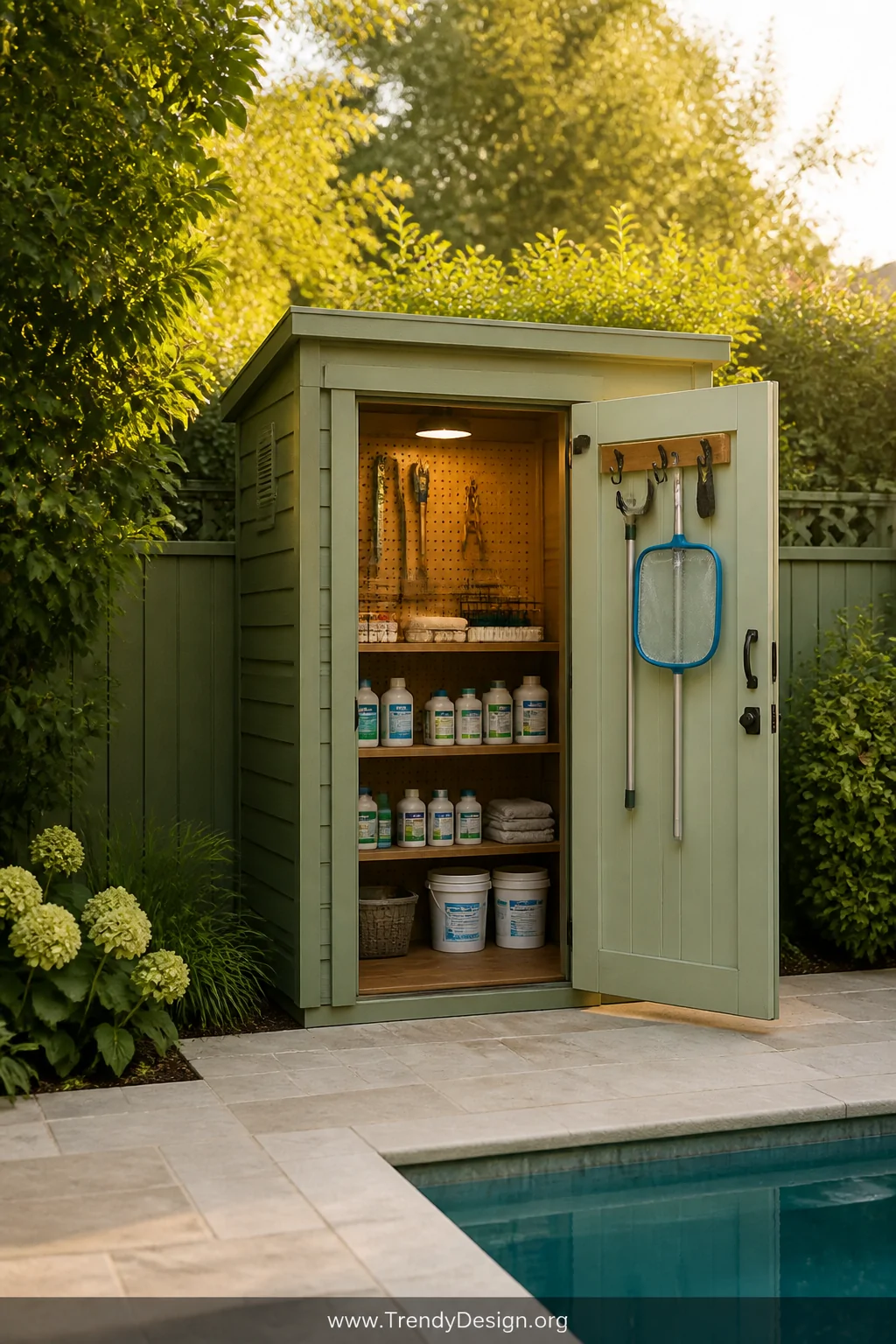 A wide shot of a compact painted wood pool shed tucked in the corner of a lush backyard, its door open to reveal interior she