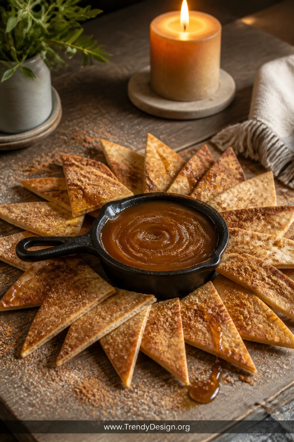 A wide styled flat-lay shot on a weathered oak table featuring cinnamon-sugar tortilla strips fanned out around a small cast 