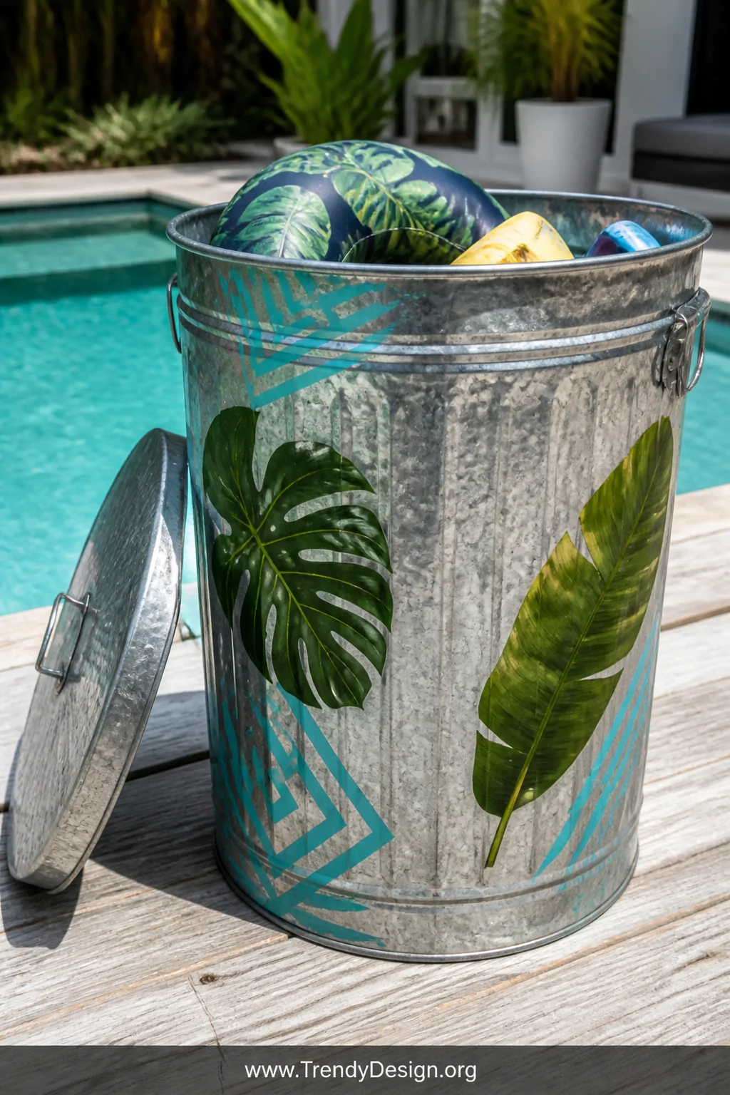 Closeup shot of a large galvanized metal trash can with a hammered silver finish sitting on a sun-bleached wood pool deck, it