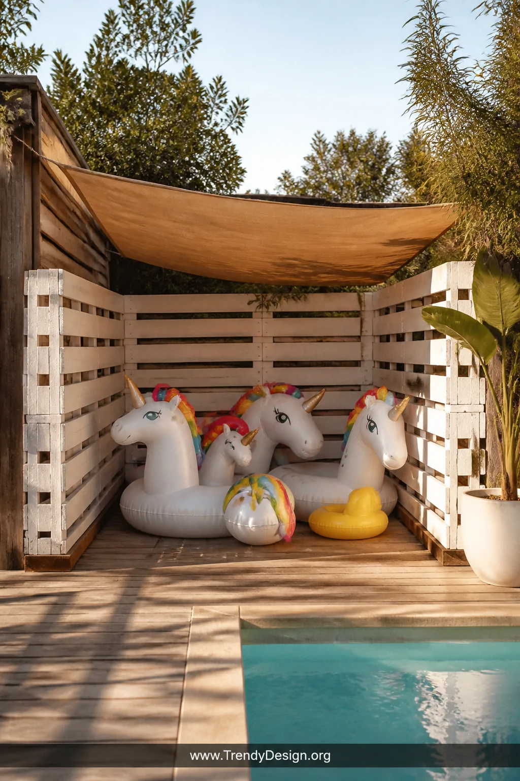 Wide outdoor shot of a rustic U-shaped wooden pallet corral near a bright turquoise pool deck, pallets sanded smooth and pain