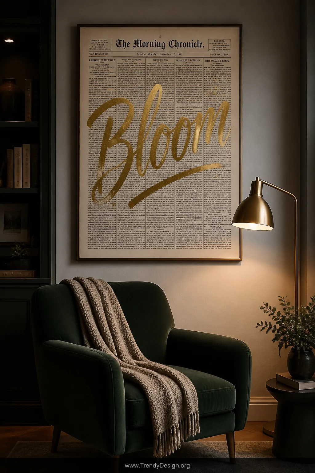 A medium shot of a cozy reading nook wall featuring a single large framed newspaper piece with sweeping gold brush pen hand-l