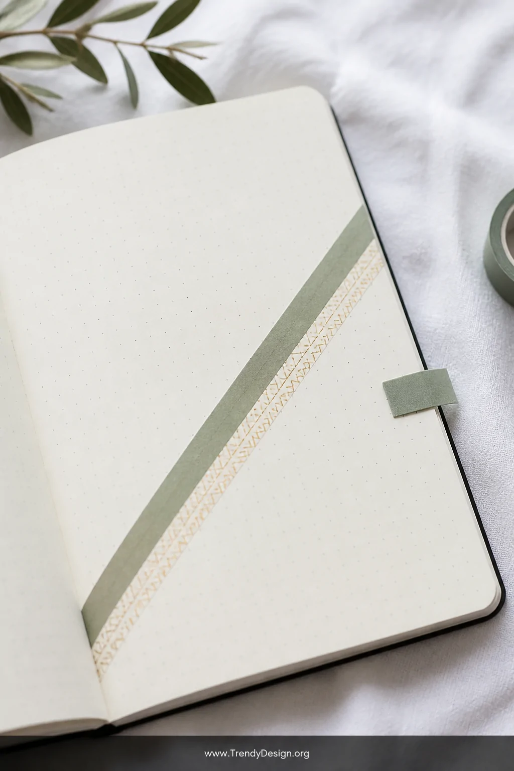 A medium shot of a flat-lay bullet journal on a white linen surface, featuring two parallel strips of washi tape   one matte 