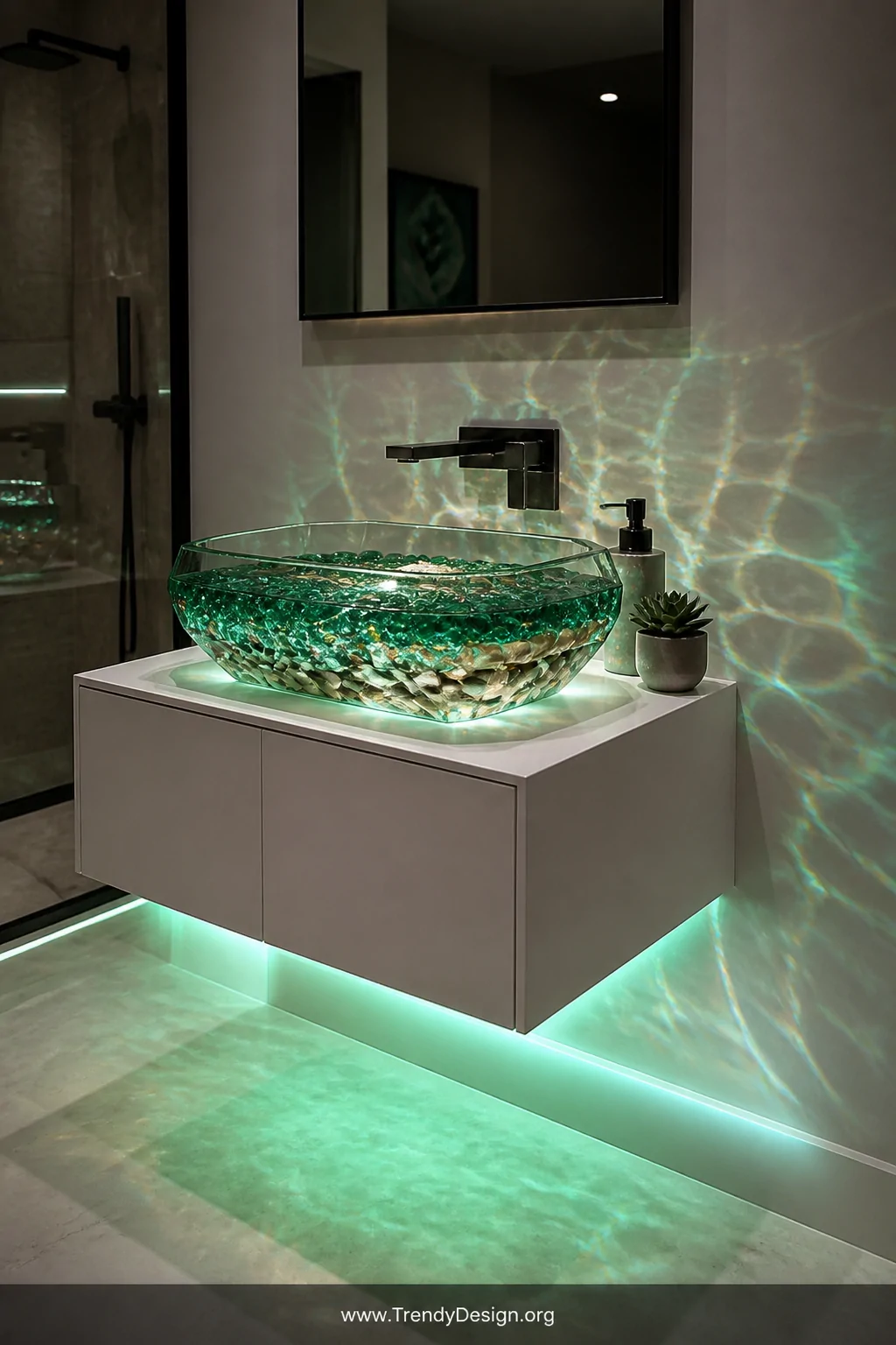 A medium shot of a geometric glass terrarium vessel sink filled with layers of sea glass and pale river rocks sealed beneath 