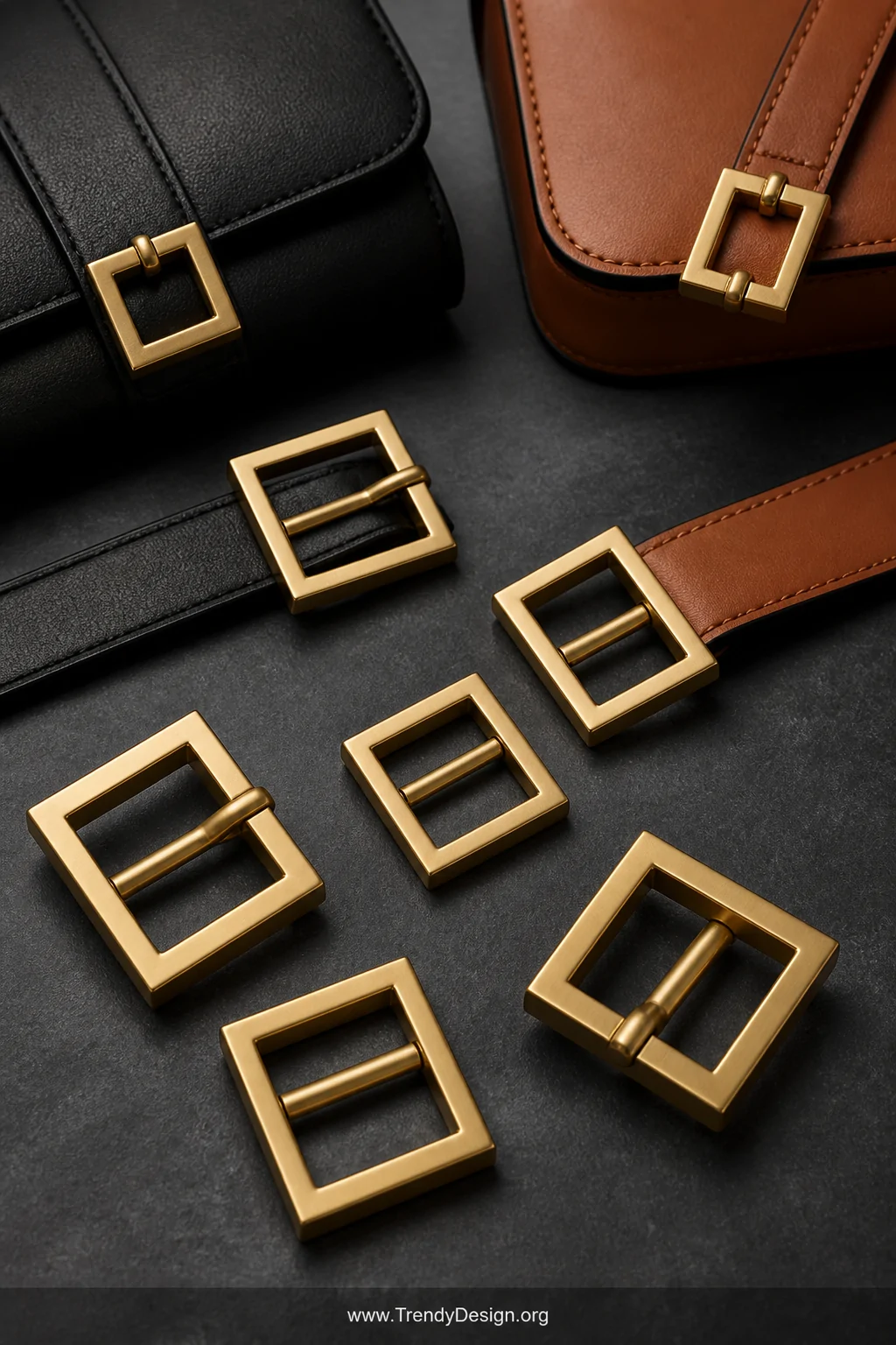 A close-up detail shot of matte gold and square architectural slide buckles arranged on a smooth slate gray surface alongside