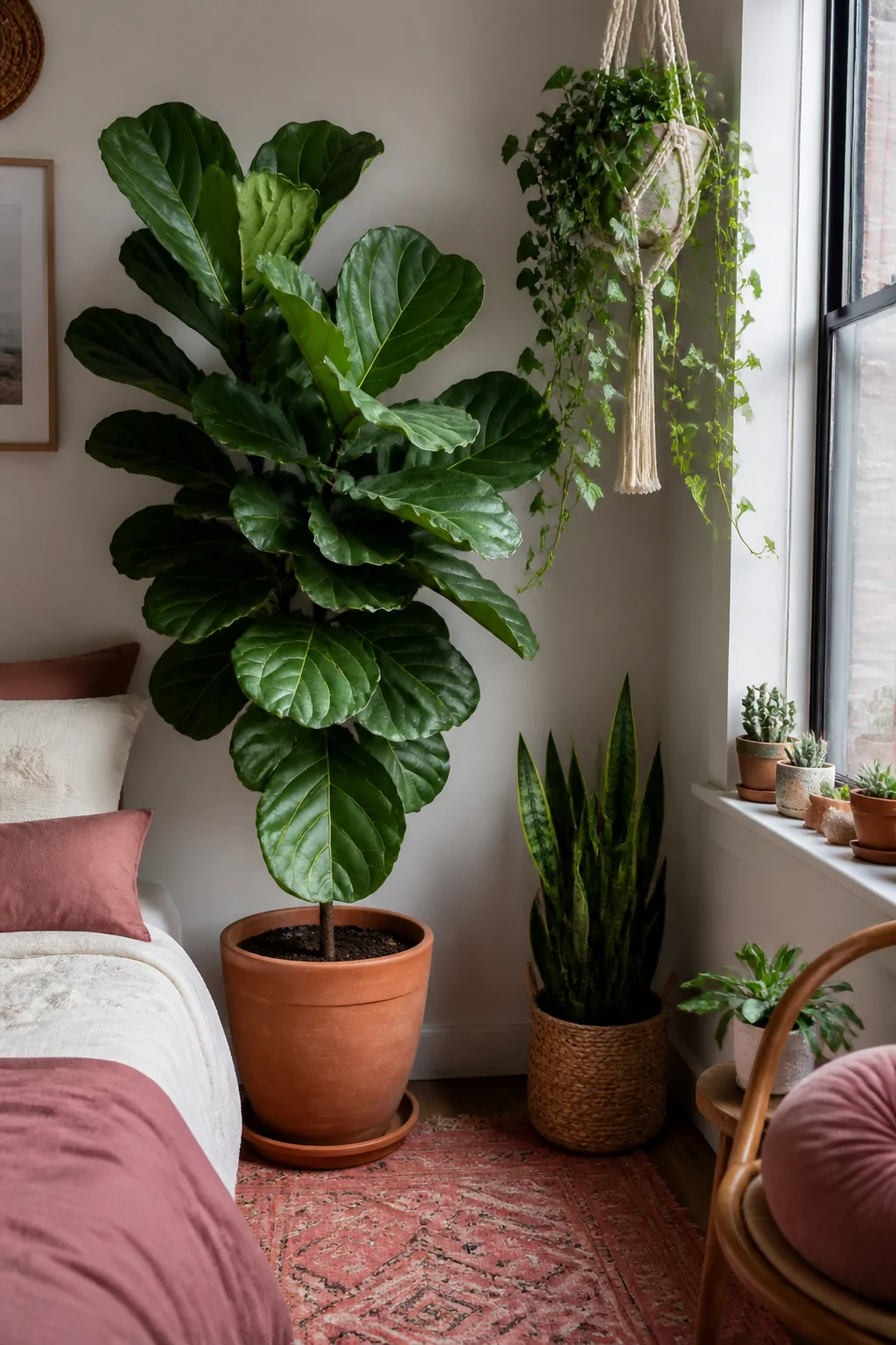 Medium photorealistic shot of a boho bedroom corner where a large fiddle-leaf fig in a terracotta pot stands beside a pink ru