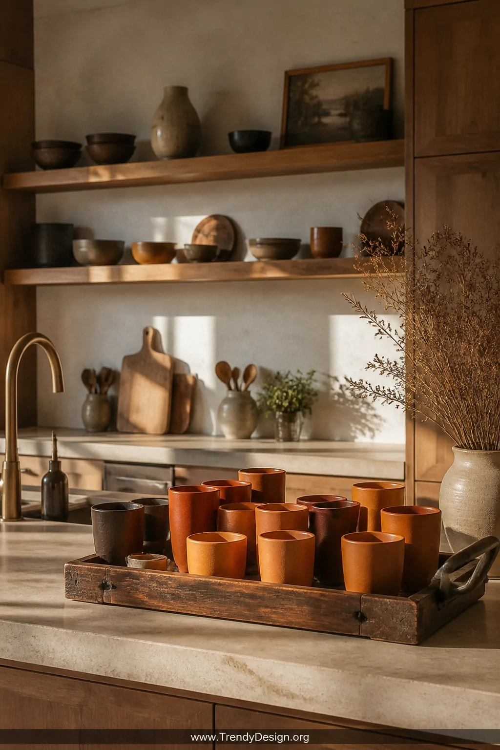 A wide shot of a kitchen counter displaying a curated collection of ceramic and matte-finish tumblers in burnt orange, deep r
