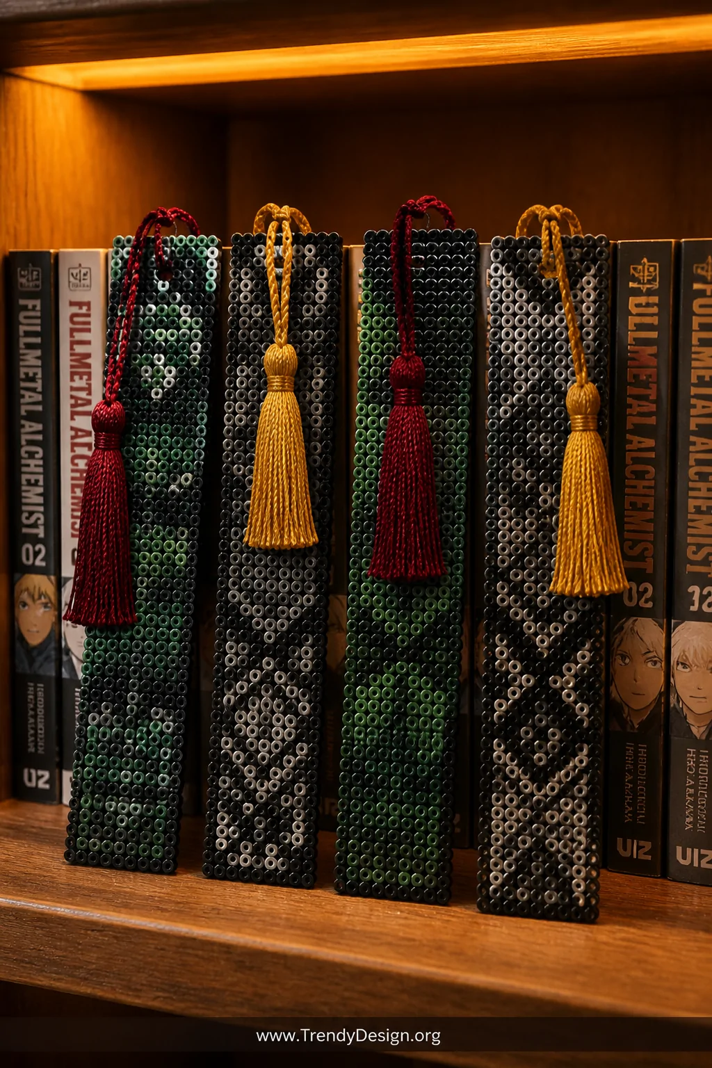 Close-up detail shot of several narrow vertical Perler bead bookmarks in deep green, black, and gray pixel patterns resting a