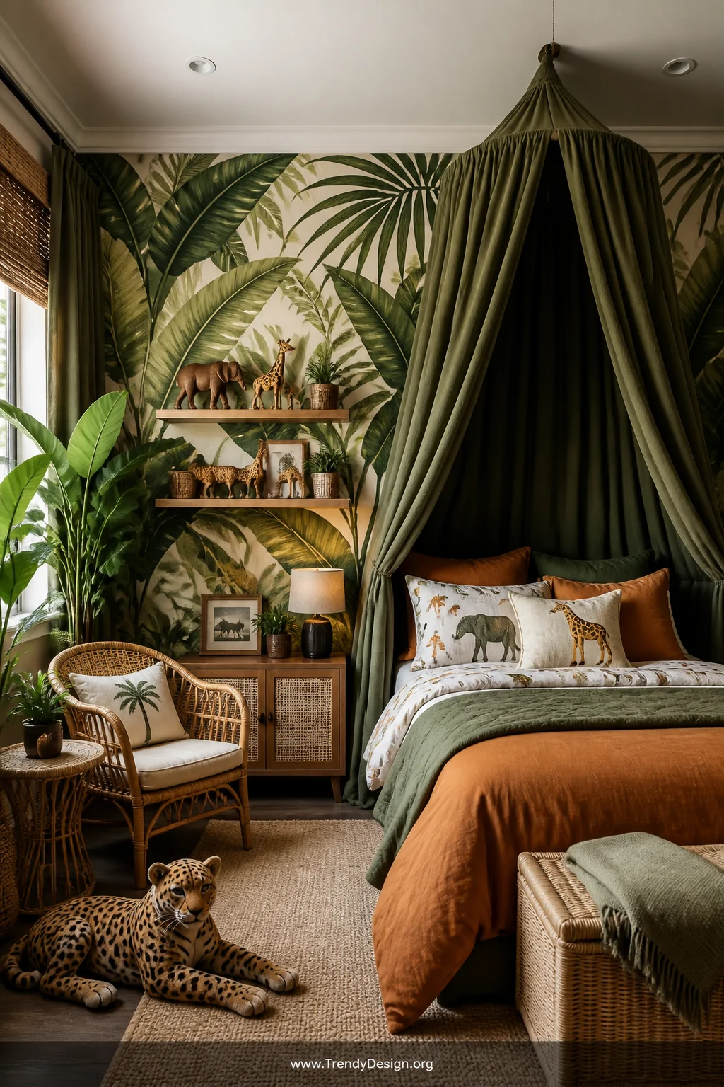 Wide-angle photorealistic shot of a lush jungle safari boy's bedroom with oversized tropical palm leaf wallpaper covering one