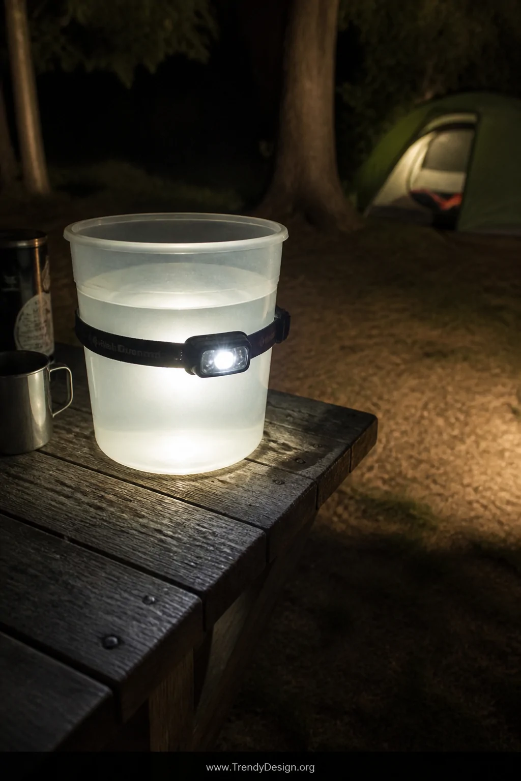 A close-up detail shot of a clear water-filled bucket sitting on a weathered wooden picnic table at night, a headlamp strappe