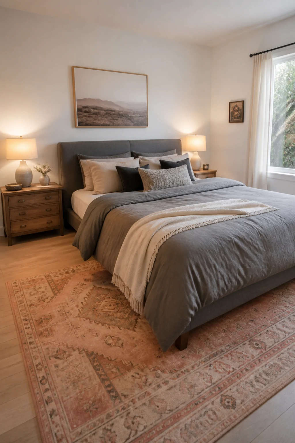 Medium-angle photorealistic bedroom shot featuring a dusty rose boho rug on light hardwood floors against crisp white walls w