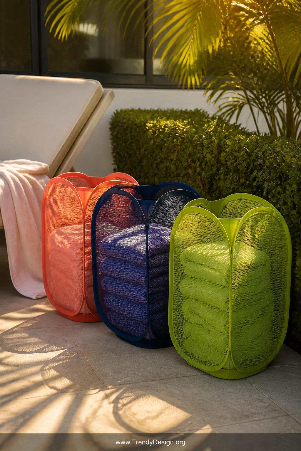 A detail shot of three color-coded mesh pop-up hampers   coral, navy, and lime green   lined up beside a pool lounge chair on