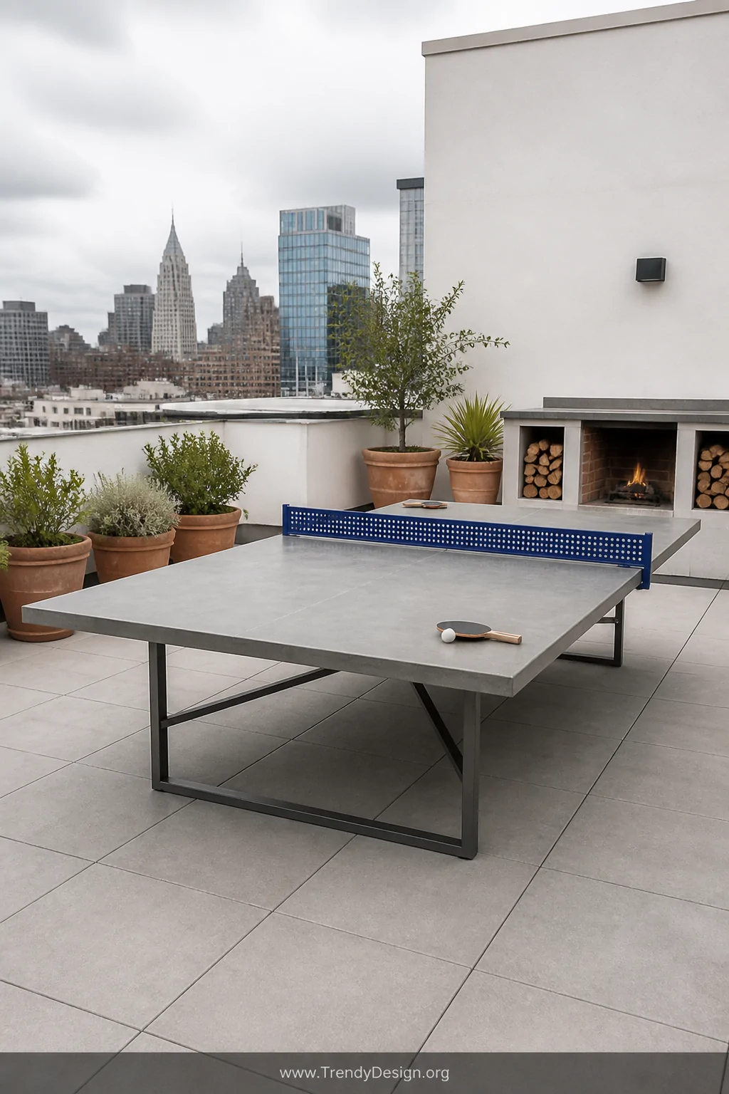 Wide shot of a rooftop terrace featuring a concrete-look fiber cement ping pong table on a steel frame in cool neutral gray, 