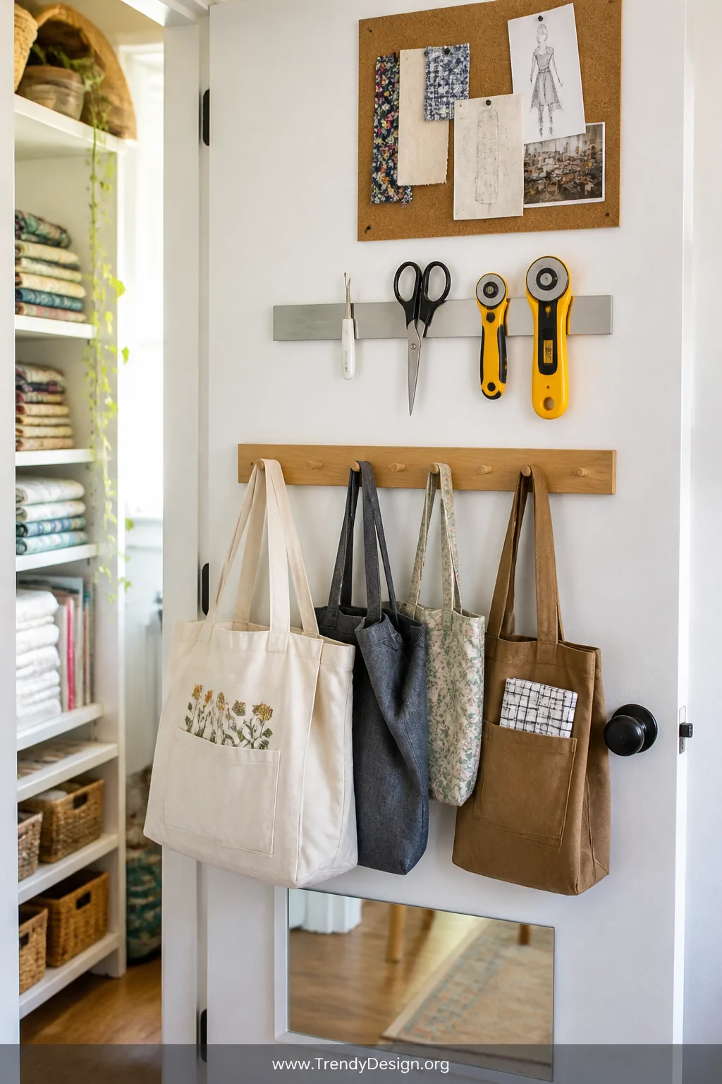 Wide photorealistic interior shot of the inside face of a white closet door transformed into a multi-functional storage wall,
